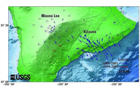 Horizontal displacement of GPS benchmarks on Mauna Loa and Kilauea volcanoes, Hawaii Map showing direction and amount of horizontal displacement (blue vectors)