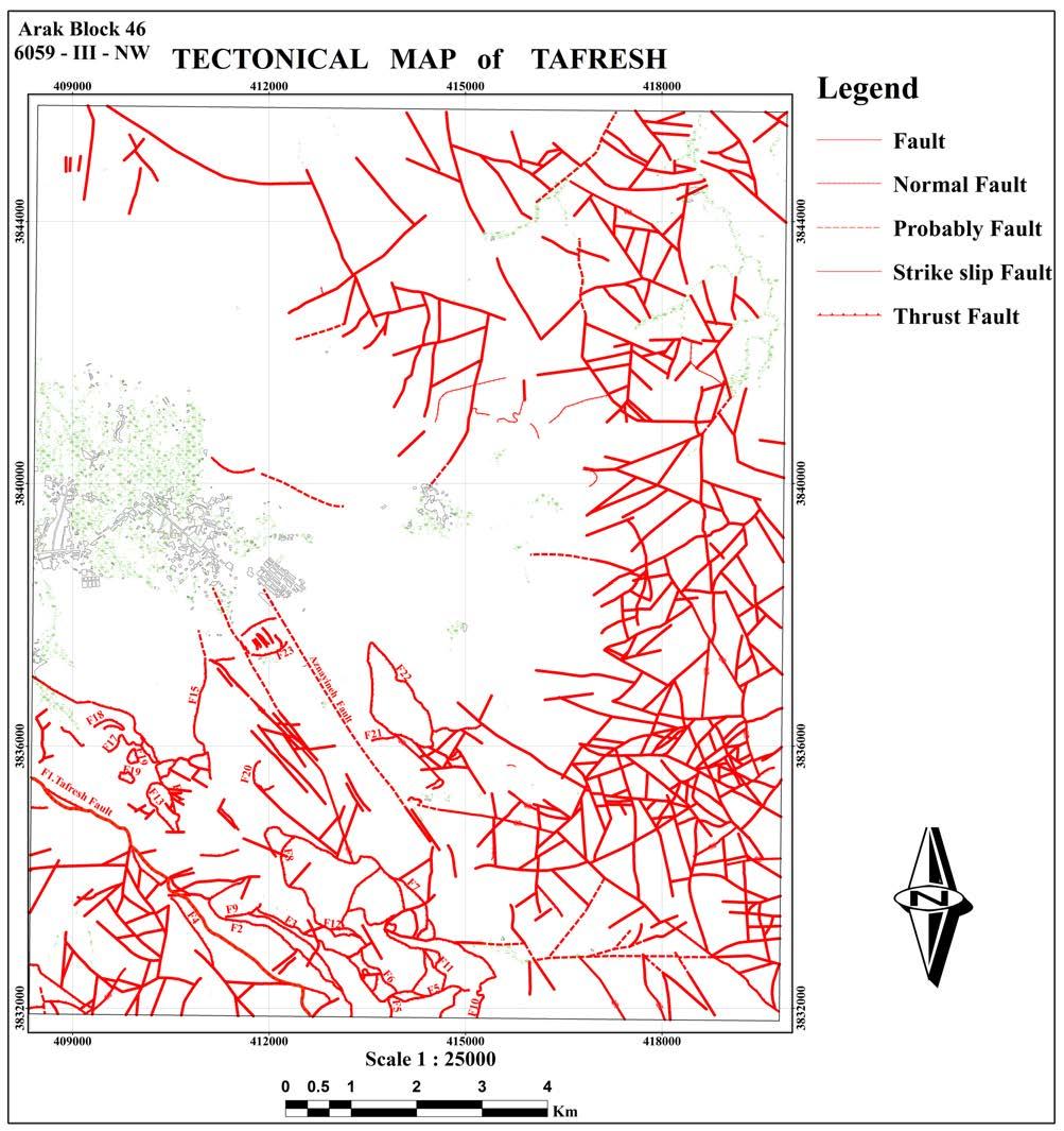 Figure 23. Structural map of Tafresh. According to Table 1 that showed results of geochemical analyses of two samples of intrusive mass, and 10 samples of dykes of study area.