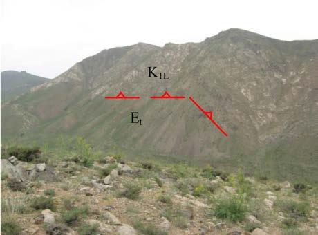 Figure 24. View of thrust fault that caused cretaceous rocks overturned on the Eocene rock units (Tuff). Figure 25. location of intersection of two faults and outcrop of Andesite dyke in Tafresh.