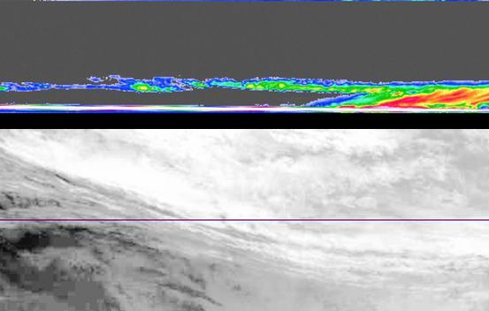 MODIS infrared imagery is shown below the corresponding CloudSat image (purple line shows the CloudSat track).