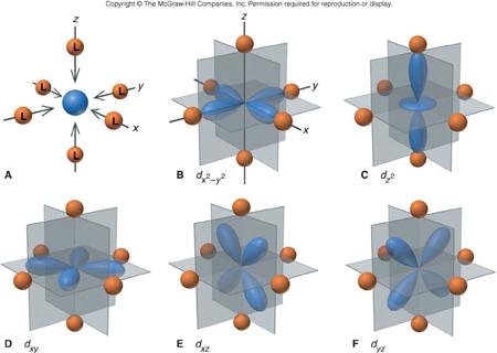 metal ion d-obitals in octahedral complex (Silberberg fig. 23.
