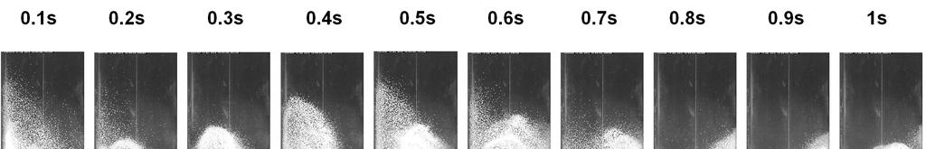 Figure 4: Instantaneous patterns of the unstable granular flow at an air flow rate of 116 m3/h; top: the experiment, bottom: the simulation.