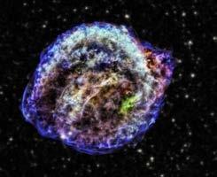 It shows X-rays from an exploding star called Kepler s Supernova. The image uses false colors. Each color represents a different X-ray wavelength. source: earthobservatory.nasa.