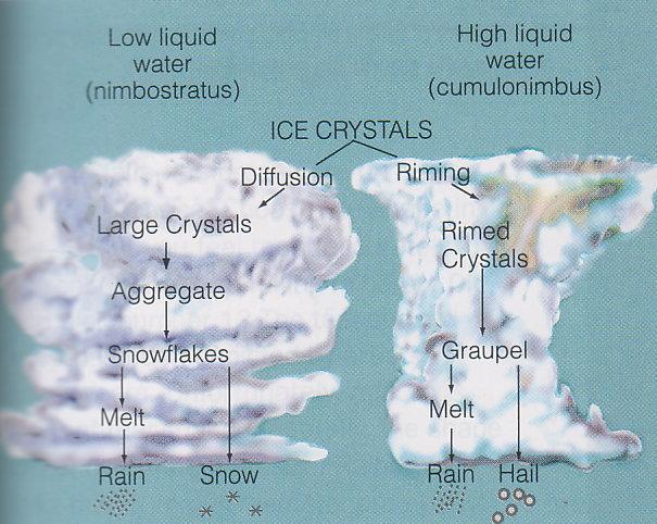 Precipitation in cold clouds Low liquid water content promotes diffusion/deposition growth of large crystals High liquid water content promotes riming and
