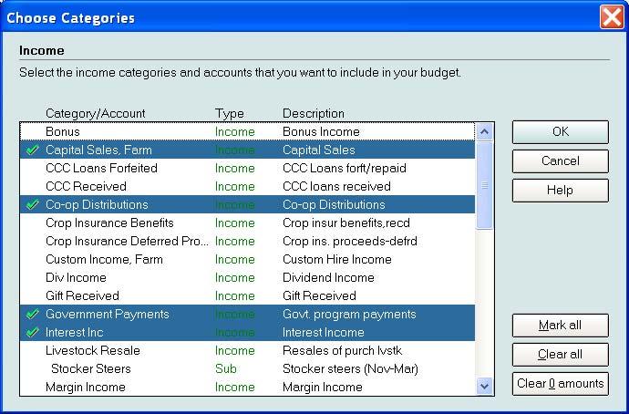 Click on Clear 0 amounts to exclude previously unused categories, but include all categories that have an amount recorded.