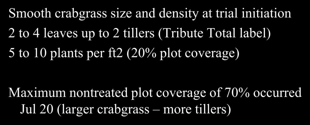 Discussion Smooth Crabgrass Smooth crabgrass size and density at trial initiation 2 to 4 leaves up to 2 tillers (Tribute Total