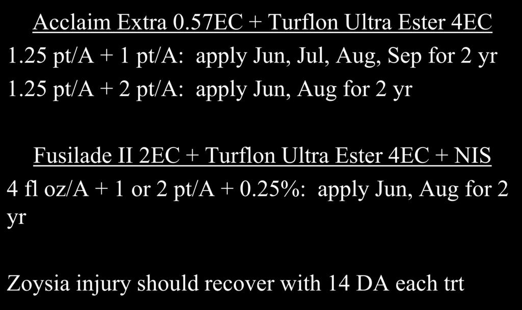 Recommendations Acclaim Extra 0.57EC + Turflon Ultra Ester 4EC 1.25 pt/a + 1 pt/a: apply Jun, Jul, Aug, Sep for 2 yr 1.