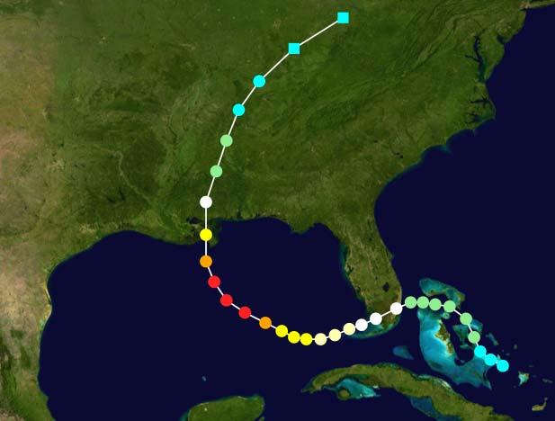 Hurricane Katrina Cat 3 on 27 August 2005 to Cat 5 on 28 Aug Peak: 280 km/hr, 902 mb Landfall Louisiana: 29 Aug, Cat 3,