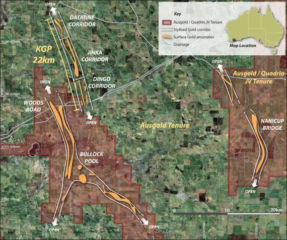 Figure 7: Gold anomalies defined by aircore drilling over 60km strike at Bullock Pool and Nanicup Bridge Prospects.