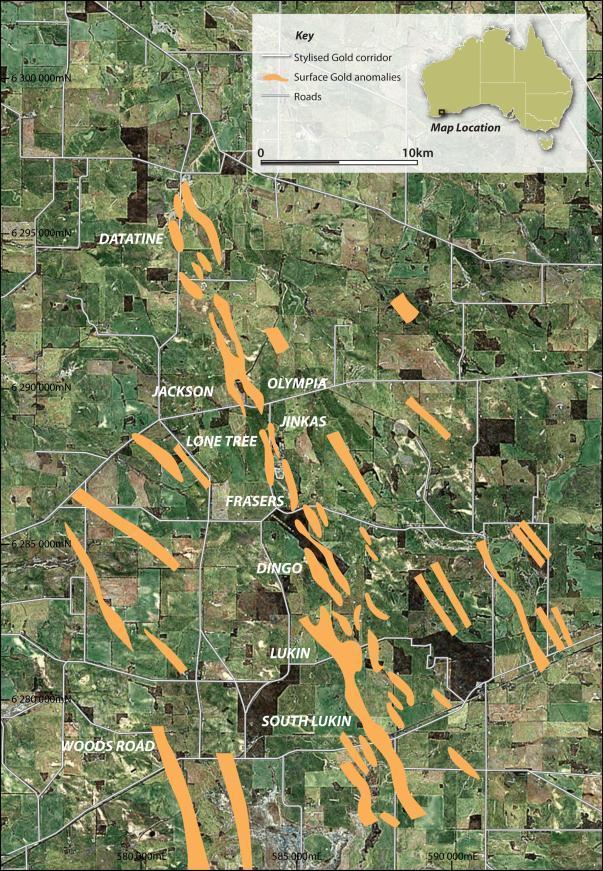 Figure 3: Soil gold anomalies/corridors within the 30km long KGP and adjacent gold