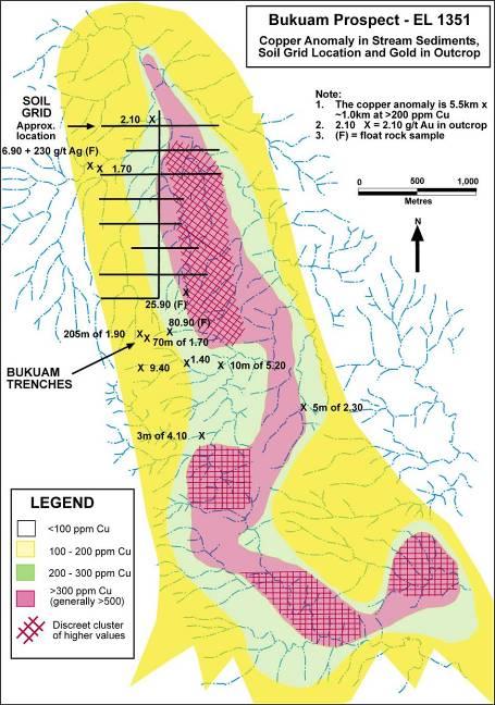 The main prospects are Bukuam (porphyry copper gold, silver and molybdenum and gold sulphide skarns) and Esis/Ulete (porphyry copper occurrence).
