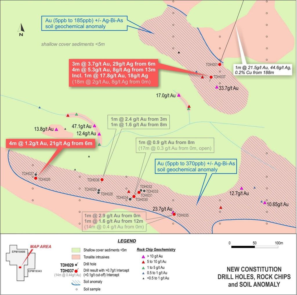 These drill results together with soil and rock chip geochemistry begin to define a zone approximately >600m x >600m with potential for multiple, sub-parallel to parallel zones of gold-silver