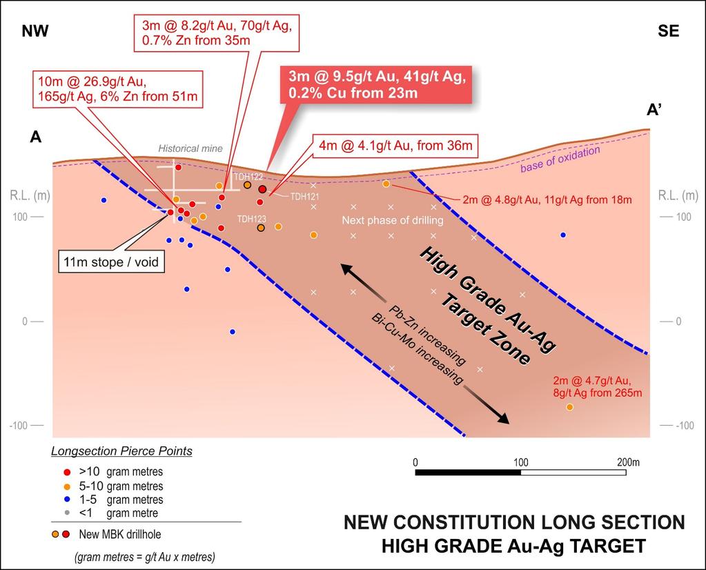 Figure 1: New Constitution long section with gram metre pierce points supporting an untested plunging target zone model (looking northeast). Refer to Figure 2 showing the location.