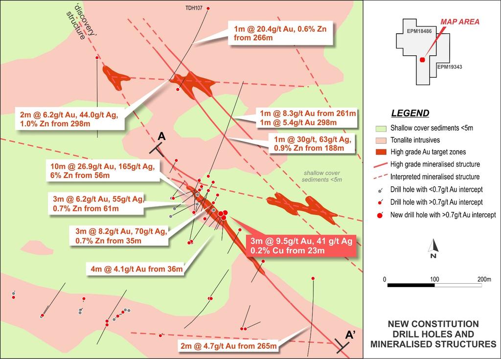 Figure 2: Location of New Constitution showing infill drilling of high-grade Au-Ag mineralised zone and location of long section A-A in Figure 1.