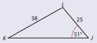 0. Find JKL in the diagram.. Oh, this looks awesome! The angle we need is opposite the 5 unit side, so the law of sines should work.