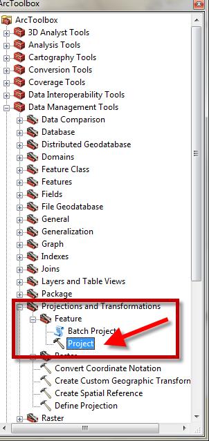 1. In ArcToolbox, go to Data Management Tools Projections and Transformations Feature and double-click on the Project tool as shown below: 2.