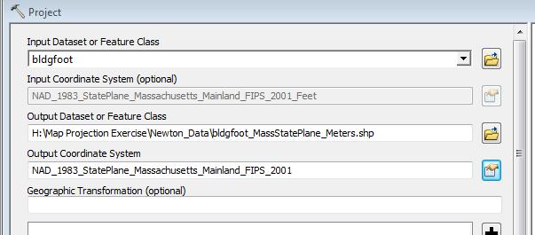 here: Give the new data set a descriptive name, with the projection info Projected - State Plane NAD 1983 (Meters) - Massachusetts 3.