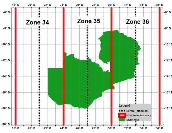 Figure 1.1: UTM zones and central meridians (dotted lines) across Zambia 1.