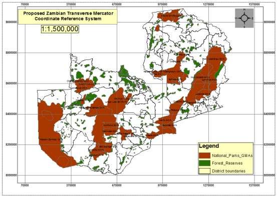 4.4.3 Sample map 3: National Parks and Forest Reserves The projection subfiles of shapefiles for national parks, game management areas and forest reserves of Zambia were edited to match with ZTM