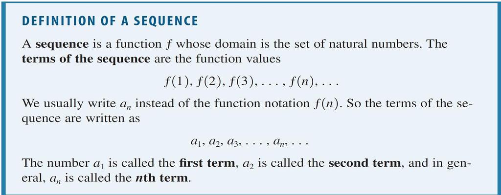 Sequences Any ordered list of numbers can be viewed as a function whose input values are 1, 2,