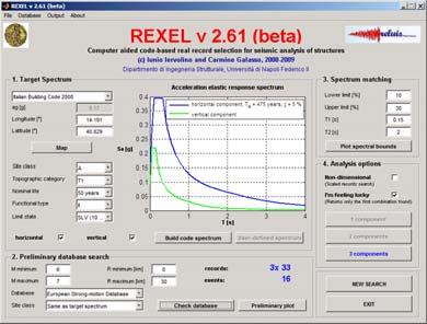 Figure 2.1. Image of the software graphic user interface (left) and a combination found for a site in Italy in the case of 2-components ground motions (right); see Iervolino et al.