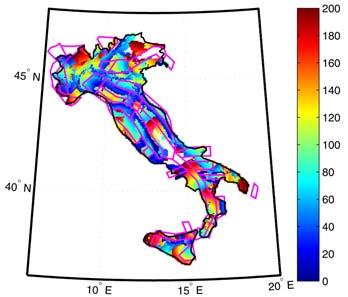 Figure 3.1. Italian map of first (upper panels) and second design earthquakes (lower panels) in terms of M (left) and D (right) for Sa(1.