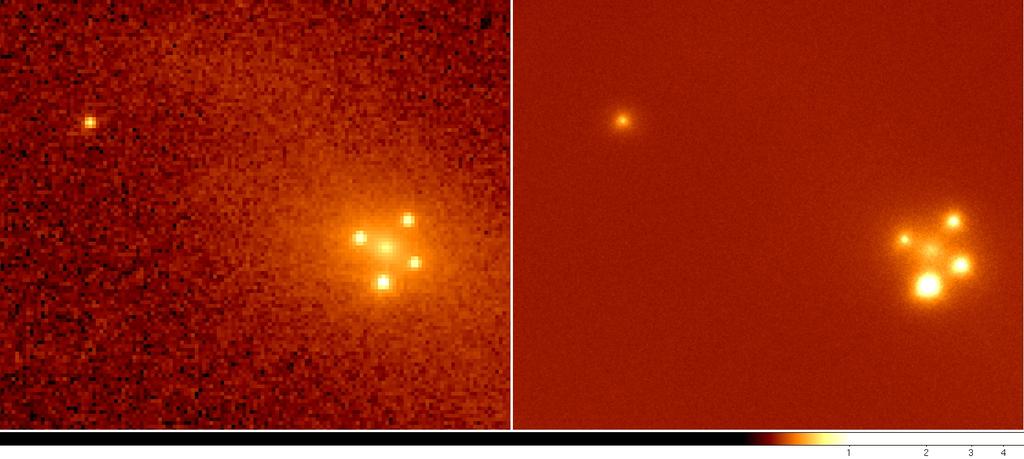 The Einstein Cross The image on the left is from the Hubble Space Telescope Advanced Camera for Surveys (ACS) while the image on the right is the lucky image taken on the NOT in July 2009 through
