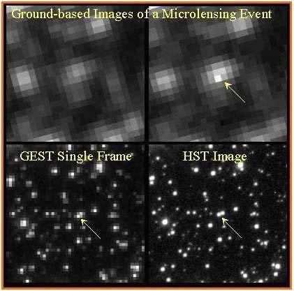 These images are of the bulge, microlensing event MACHO-96-BLG-5. The difference in image quality is dramatic. The top images are ground-based with 1 arcsec seeing.