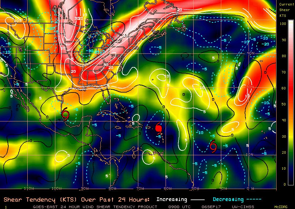 Current Wind Shear (Shaded) and Shear Tendency (Lines) Irma and Jose continue