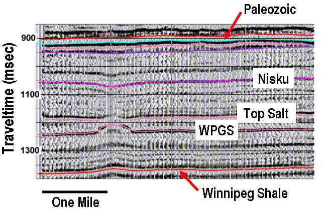 Fig. 11: Portion of a 3-D seismic line across the western reef outlined in Figure 9. It is felt that after deposition of the reef, there may have been some slight pre- Nisku dissolution.