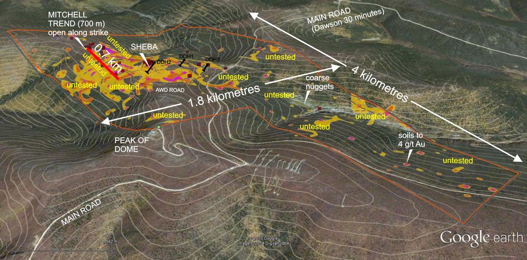 KSD Property: A large extent of Untested Zones The image above looking NE from the Dome peak, illustrates the location of the three 2013