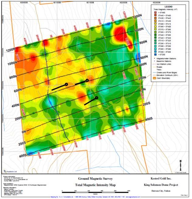 KSD Property: Revised Exploration Model using ground magnetics Ground magnetic surveys (2012 survey shown) indicate a general increase in magnetism north and west of 2013 drill locations Mitchell
