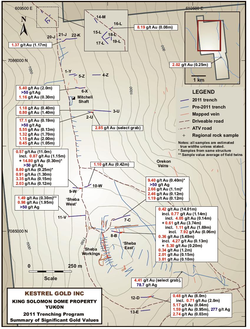 KSD Property: Trench Sampling Kestrel s 2011 trenching program discovered a number of new gold bearing zones of interest (11V, 9W, 2U, 6X and 12D) and expanded on work by previous operators (7C and
