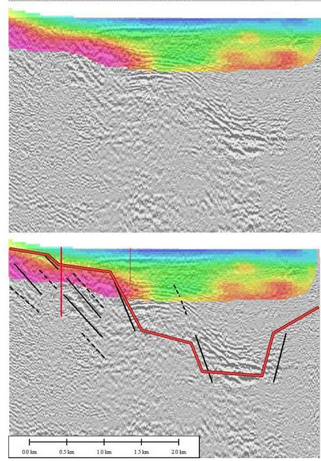 Both sets of images showed several possible fault surface reflectors dipping about 50º away from the range front as well as offsets of apparent reflectors in a broad range-front fault zone.