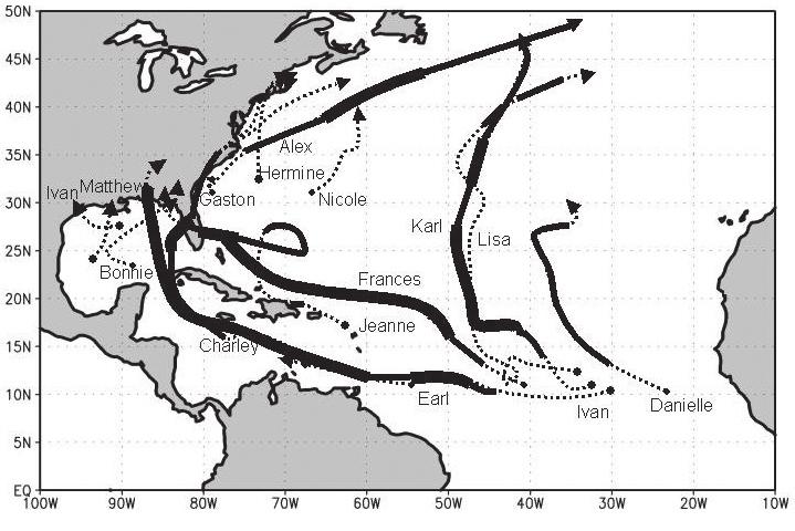 Figure 1. Map showing the tracks taken by the Atlantic basin tropical cyclones of the 2004 season.