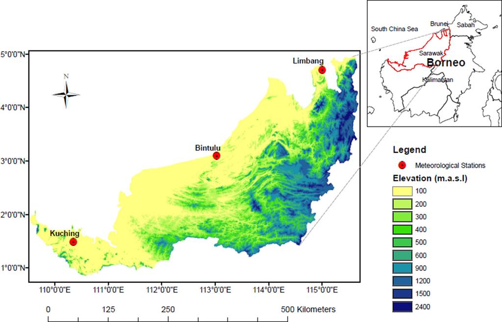M. Hussain, et al., Int. J. Sus. Dev. Plann. Vol. 12, No. 8 (2017) 1301 Figure 1: Location map of the selected meteorological stations in the Malaysian state of Sarawak.