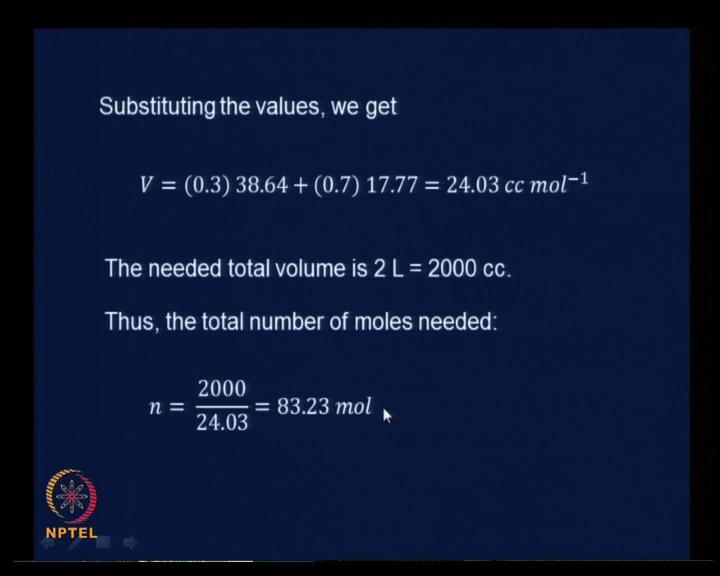 (Refer Slide Time: 41:29) You substitute the values we have taken 1 as methanol and 2 as water and the molar volume of the solution is 30 percent methanol. Therefore 0.