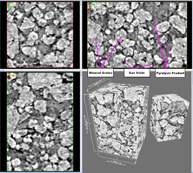 Figure 5. Triplanar and volume rendering images of Mohagany oil shale drill cores sample (20x20x30 µm) after pyrolysis at 400 o C (region A). 3.