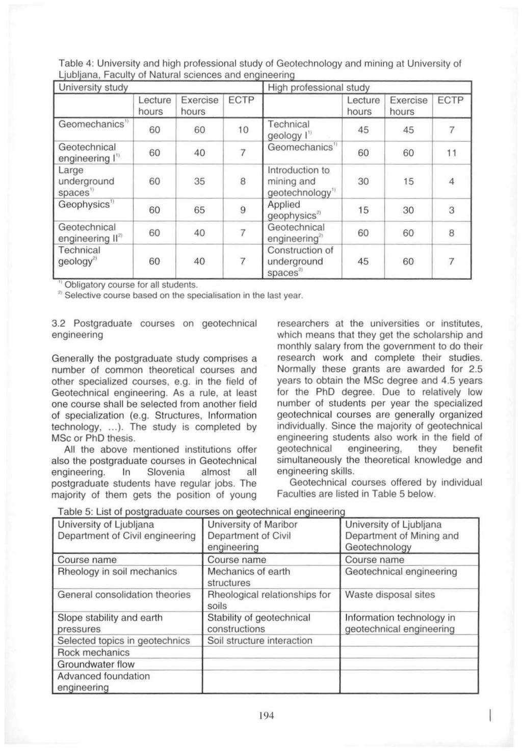 Table : University and high professional study of Geotechnology and mining at University of L.