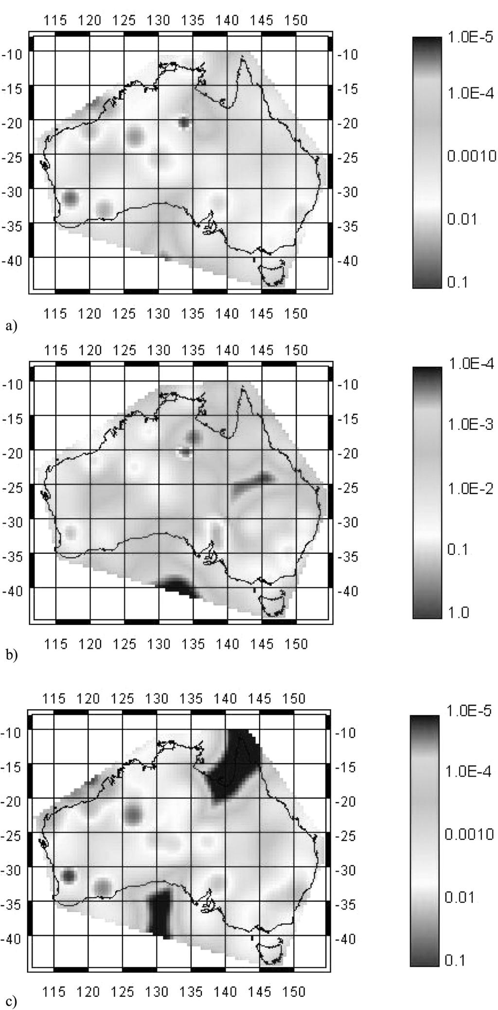 912 C. Stock and E. G. C. Smith Figure 5. The probability distribution of crustal earthquakes in Australia (above 50 km) above magnitude 4.0 in 0.