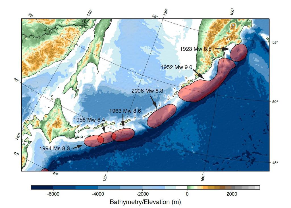 Figure 7. Great (M > 8.0) historic earthquake ruptures along the Kuril-Kamchatka Trench. Two months after the 2006 event, on January 13, 2007, an unusual and unexpected event occurred. An Mw = 8.