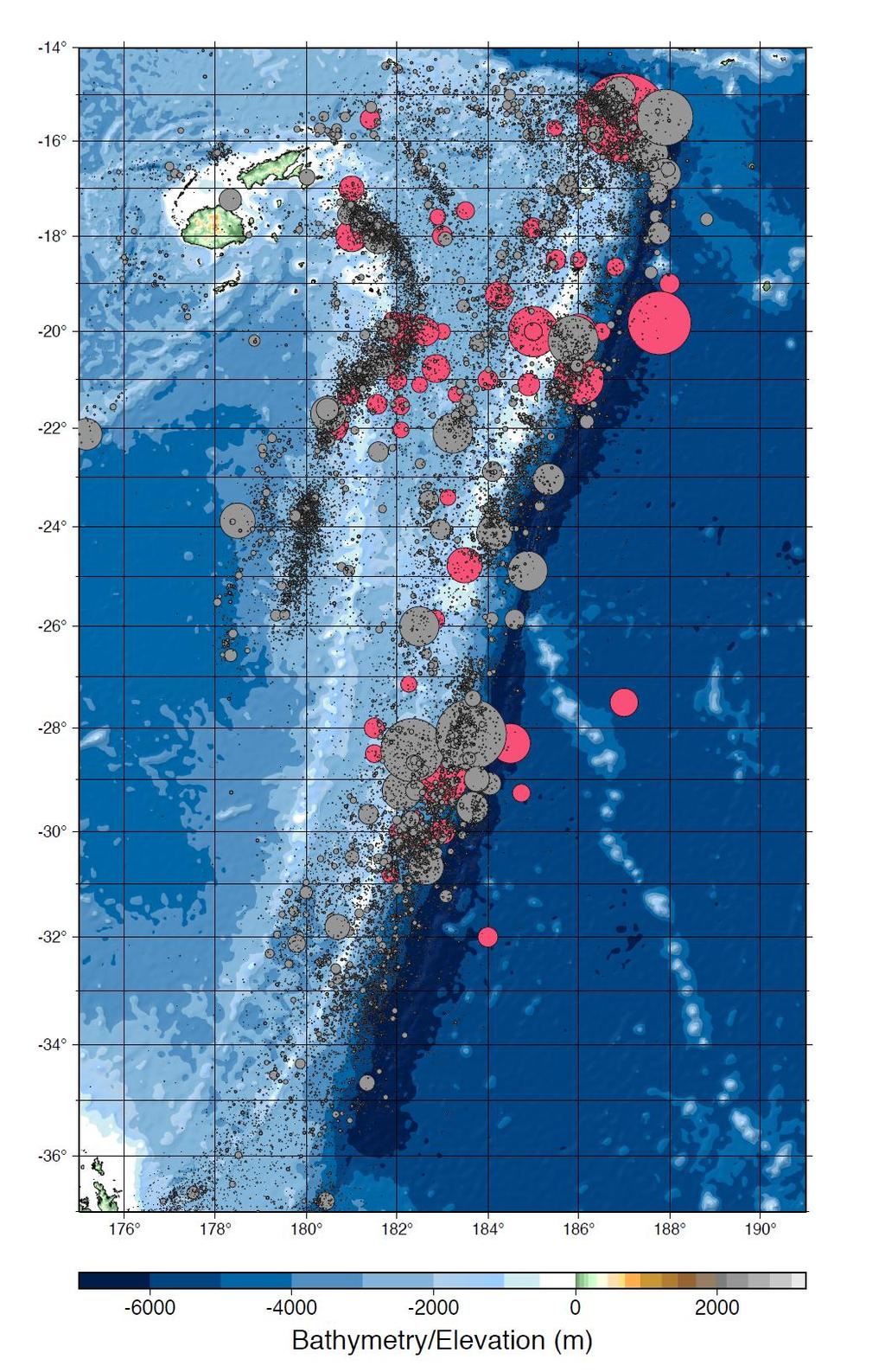 Figure 10. Historic seismicity along the Tonga-Kermadec Trench.