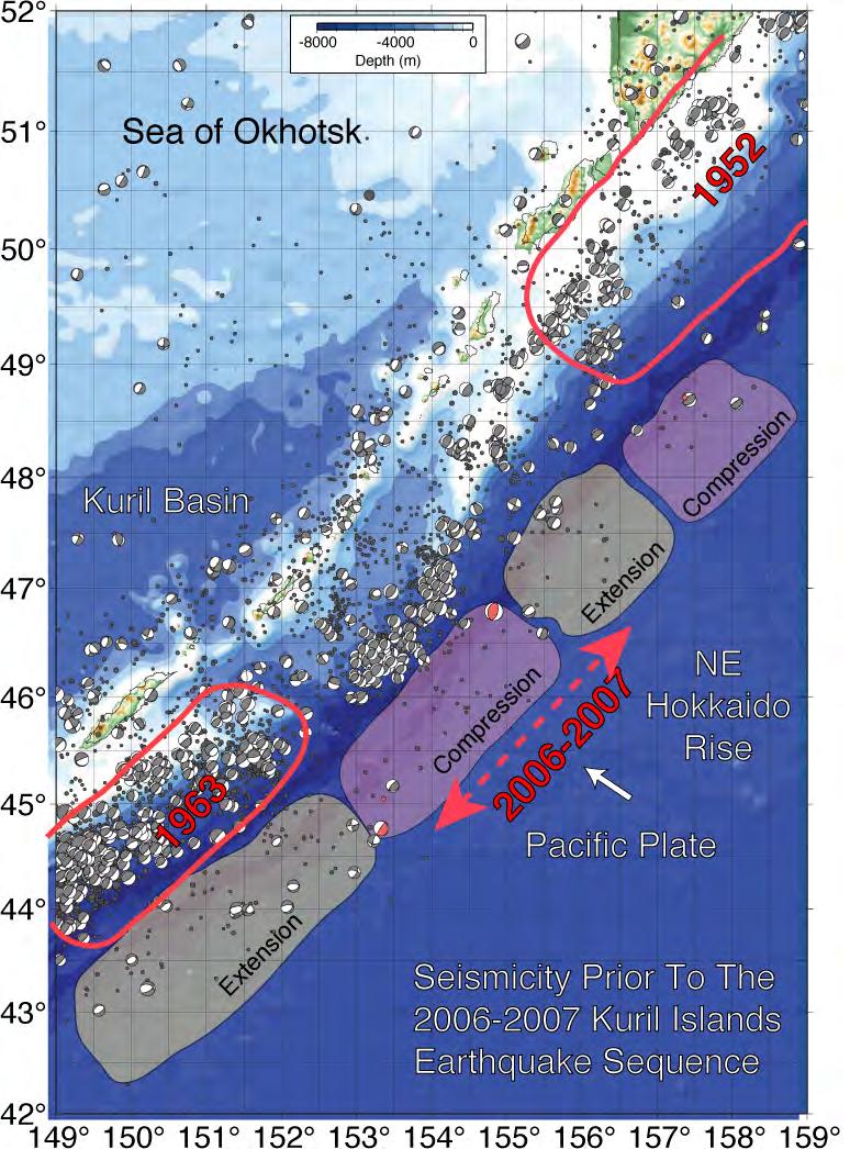 Figure 4. NEIC shallow seismicity distribution and all CMT solutions for events along the central Kuril Island region prior to the 15 November 2006 event.