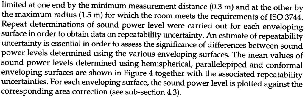 limited at one end by the minimum measurement distance (0.3 m) and at the other by the maximum radius (1.5 m) for which the room meets the requirements of ISO 3744.