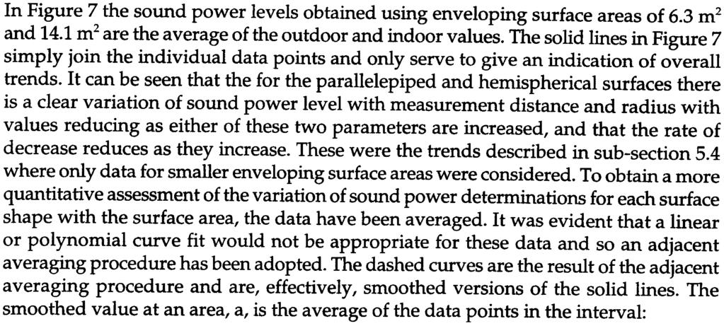 In Figure 7 the sound power levels obtained using enveloping surface areas of 6.3 m2 and 14.1 m2 are the average of the outdoor and indoor values.