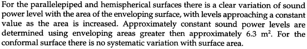 6.4 OVERALL CONCLUSIONS BASED ON THE MEASUREMENTS USING A REFERENCE SOUND SOURCE The enveloping surface areas considered ranged from 3 m2 to 56.
