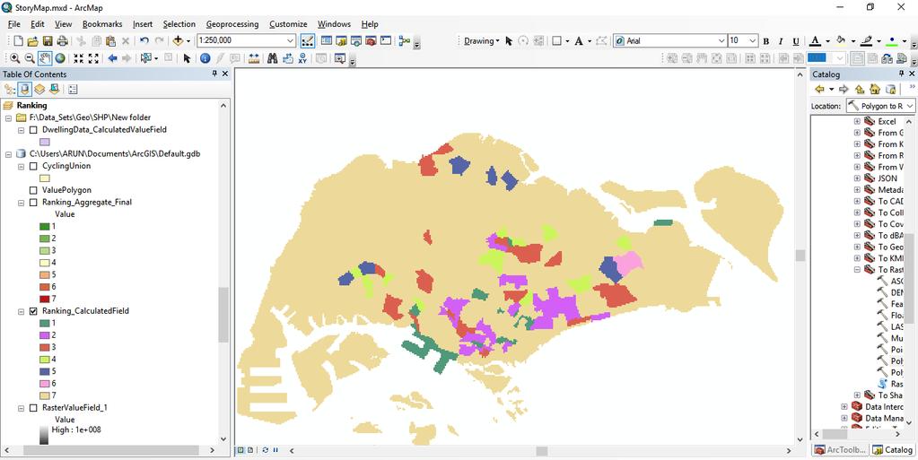 Output: Ranking zones in Singapore: Based on Hawker Centres: To get a density of hawker centres in each we calculated a new field which was used for ranking: ValueField = If (Student Count >0 AND