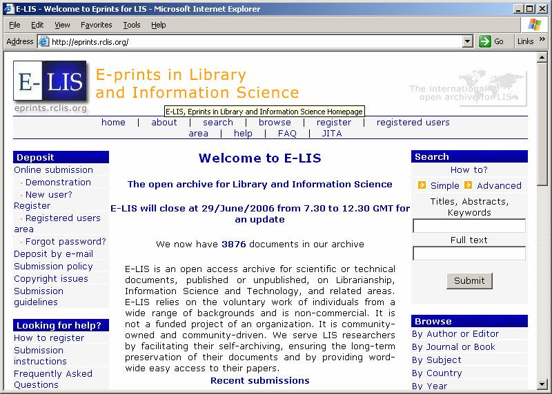Figure No. 1: Home Page of E-LIS 7. SUBJECT WISE DISTRIBUTION OF E-PRINTS IN E-LIS Library and Information Science is a manifold subject having various aspects.