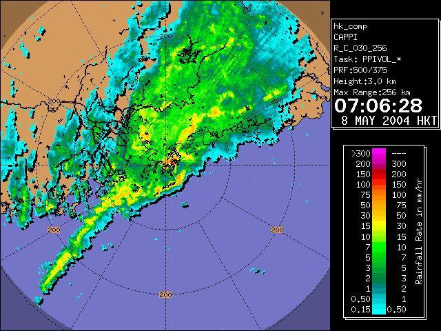 (a) and (b) are the 256-km radarscope images of Hong Kong at 3 km