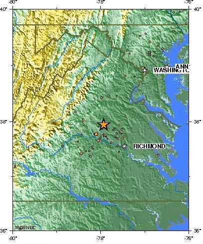 A moderate earthquake occurred Tuesday at 01:51:04 PM local time 61 km (38 miles) NW from Richmond, VA and 135 km (84 miles) SW from Washington, DC.